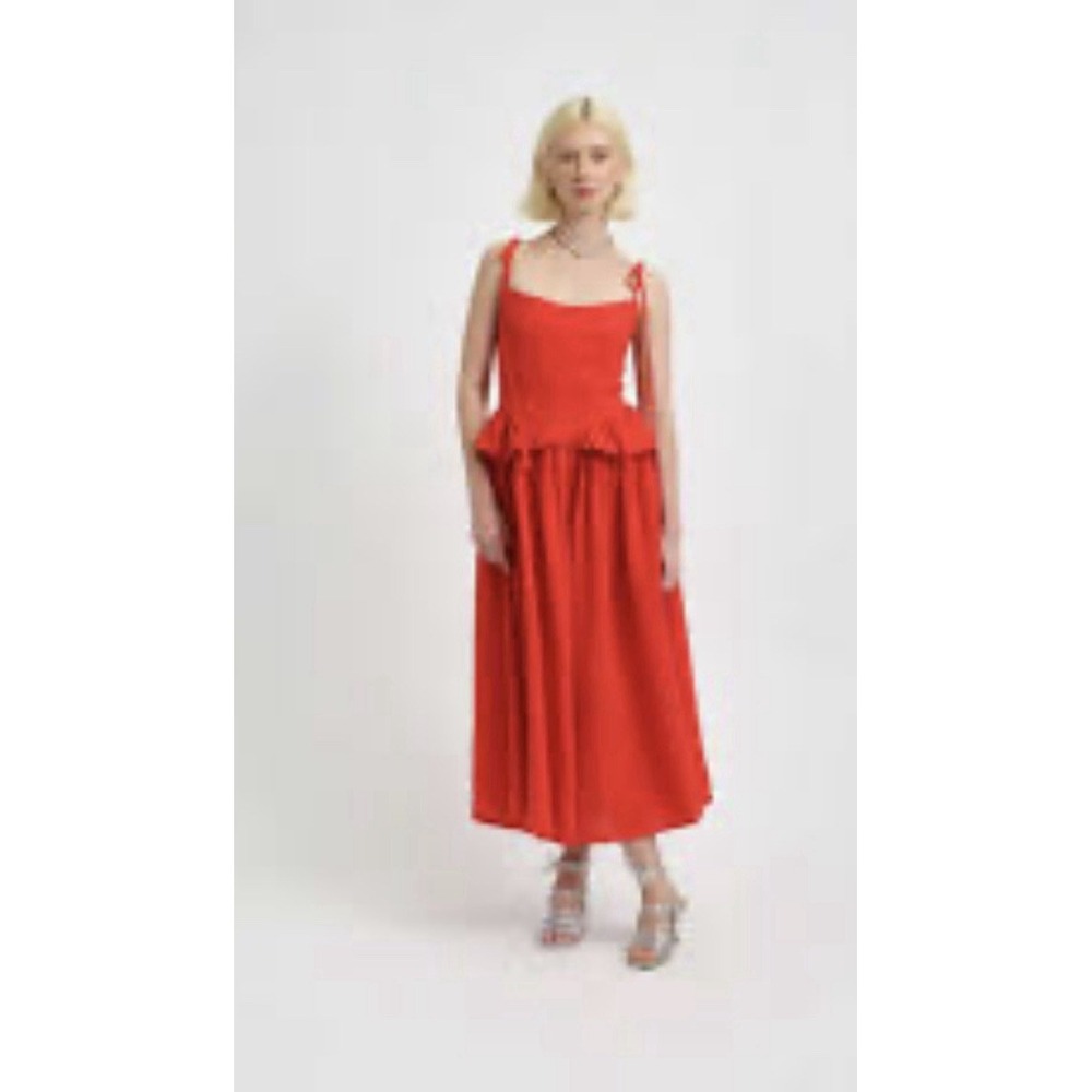 Eliza Faulkner Tessa Dress Size Large  Red Linen Peplum Waist Open Back Designer